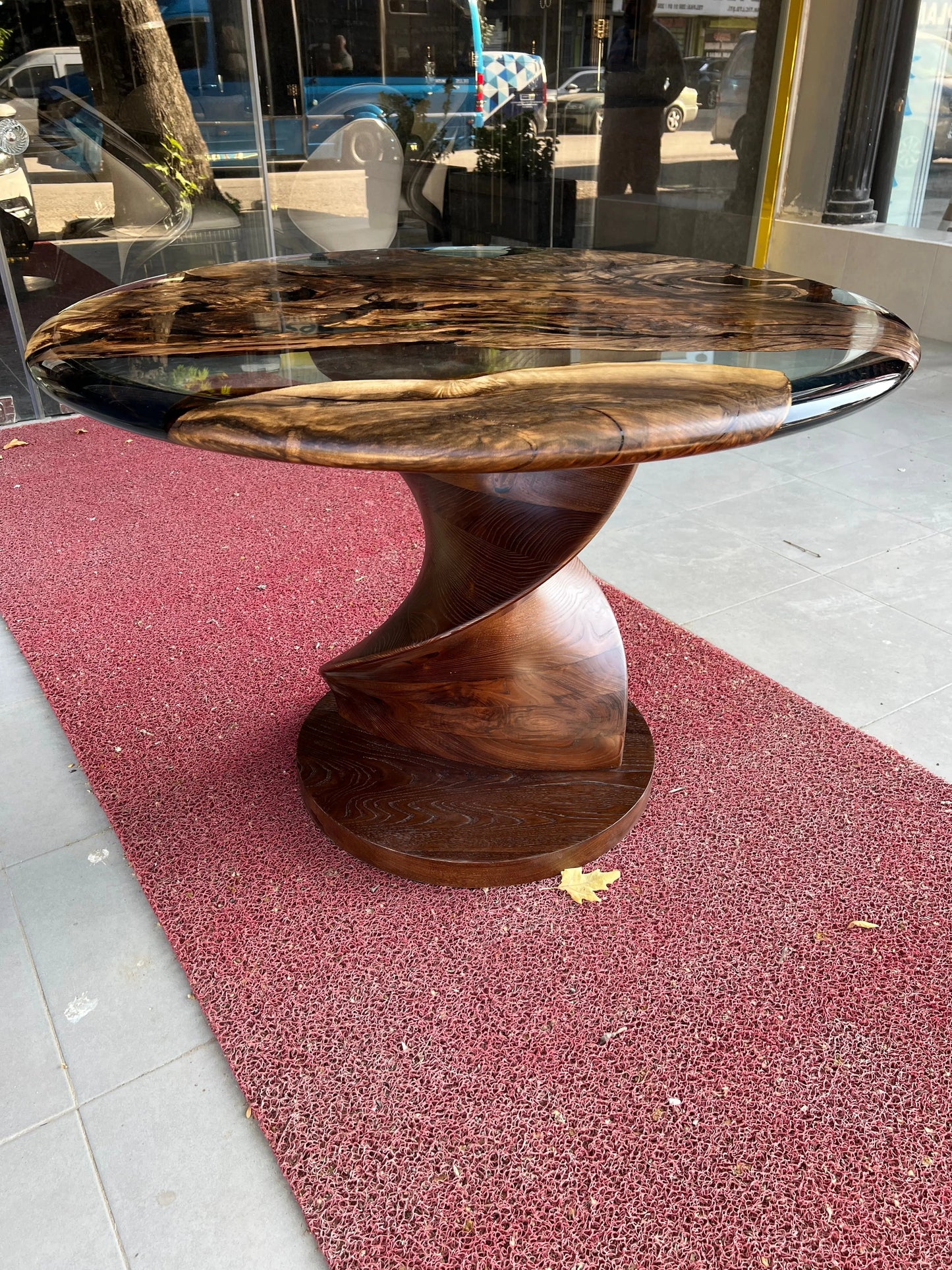 Round Epoxy Resin Table with Wooden Vortex Base Made of Walnut