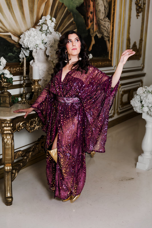 Runway Bohémienne Kimono Robe in “Stardust” (Aubergine)