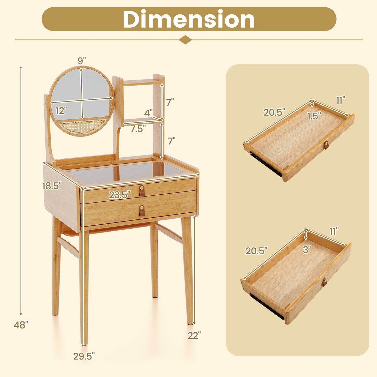 Small Vanity Desk and Stool Set with Mirror and 2 Drawers